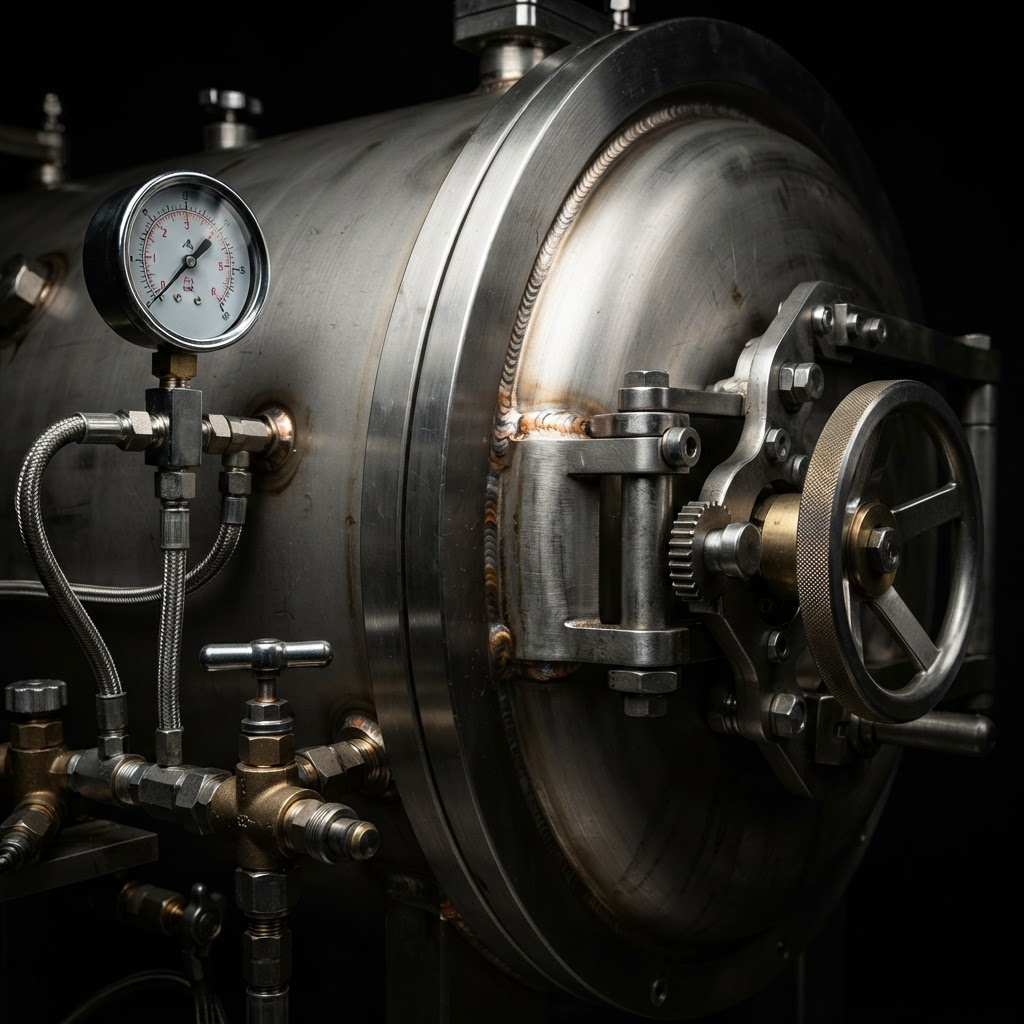Macro view of a hyperbaric chamber's stainless steel construction, precision welds and pressure gauge